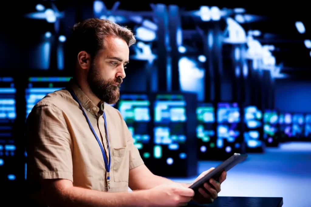 70174 Technicien Vrai TV supervisant les serveurs IPTV depuis la salle de contrôle pour garantir un streaming stable et performant 24h/24