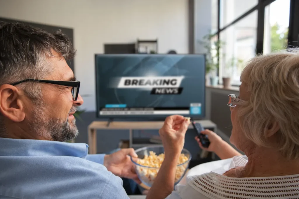 Couple regardant les infos en direct sur IPTV 4K.