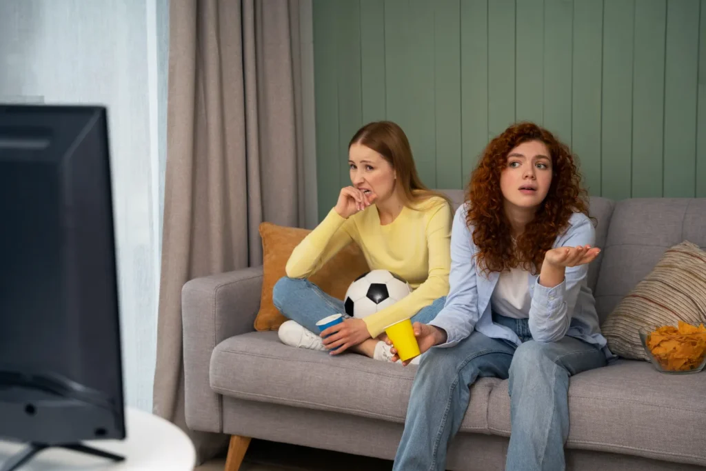 Deux amies frustrées par une coupure de signal IPTV en plein match de foot sur leur TV