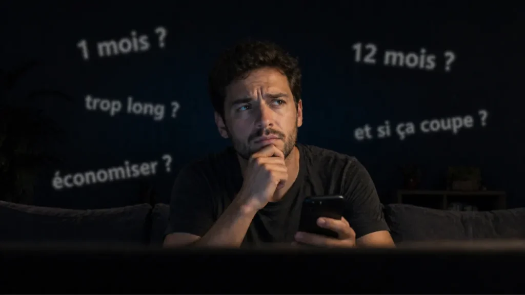 Homme hésitant entre abonnement IPTV mensuel ou 12 mois sans savoir quelle formule choisir