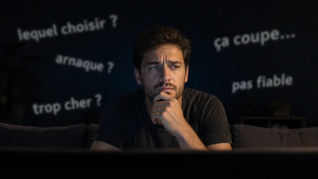 Homme indécis face à son écran cherchant un abonnement IPTV pas cher fiable sans se faire arnaquer
