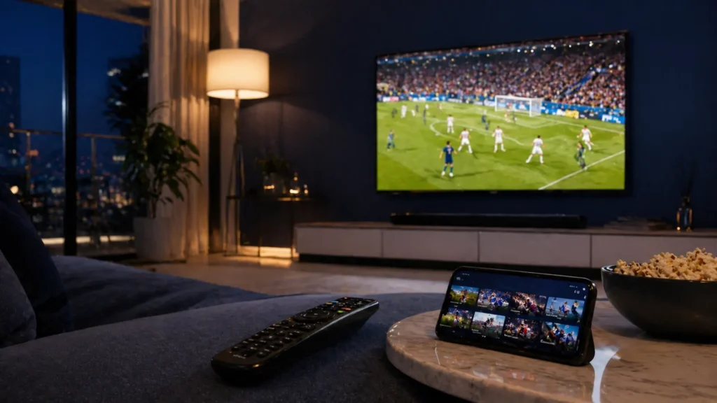 Abonnement IPTV pas cher sur Smart TV 4K avec match de football en direct et interface de streaming sur smartphone