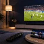 Abonnement IPTV pas cher sur Smart TV 4K avec match de football en direct et interface de streaming sur smartphone