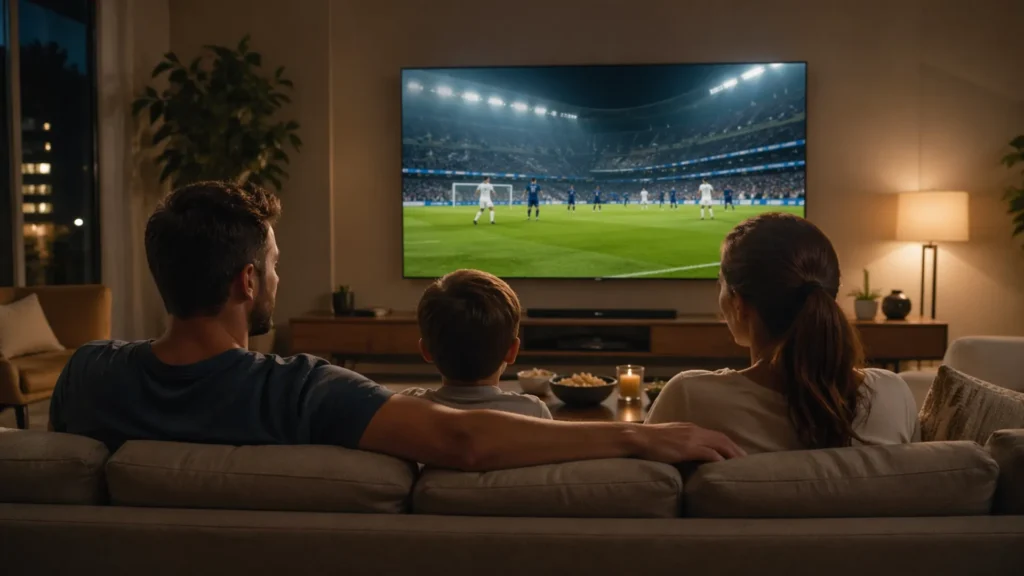 **Alt text :** Famille regardant un match de football en direct grâce à un test IPTV gratuit sur Smart TV