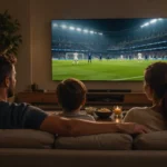 **Alt text :** Famille regardant un match de football en direct grâce à un test IPTV gratuit sur Smart TV