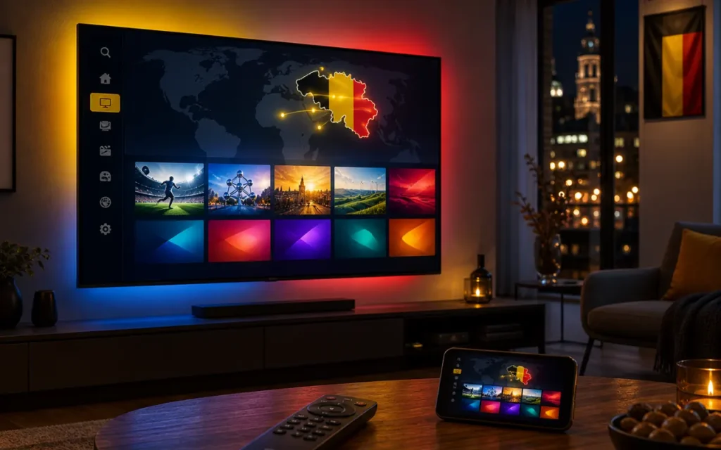 Interface IPTV Belgique avec chaînes belges et carte de la Belgique sur Smart TV