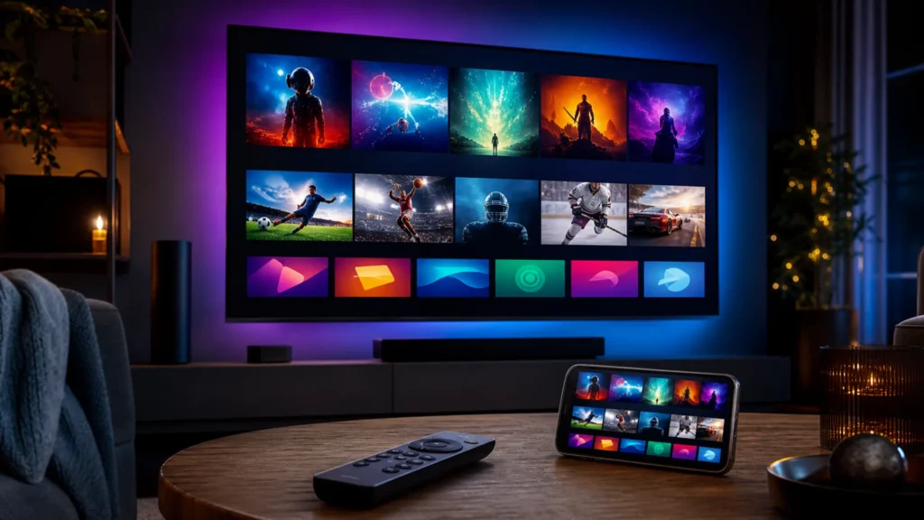 Meilleur service IPTV VOD affiché sur smart TV avec films, sport en direct et chaînes dans un salon moderne, smartphone et télécommande sur table basse