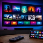 Meilleur service IPTV VOD affiché sur smart TV avec films, sport en direct et chaînes dans un salon moderne, smartphone et télécommande sur table basse