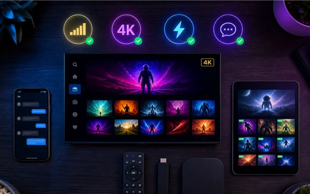 Critères à vérifier dans un abonnement IPTV avec VOD : stabilité, qualité 4K, vitesse, support client et compatibilité avec smart TV, smartphone et tablette