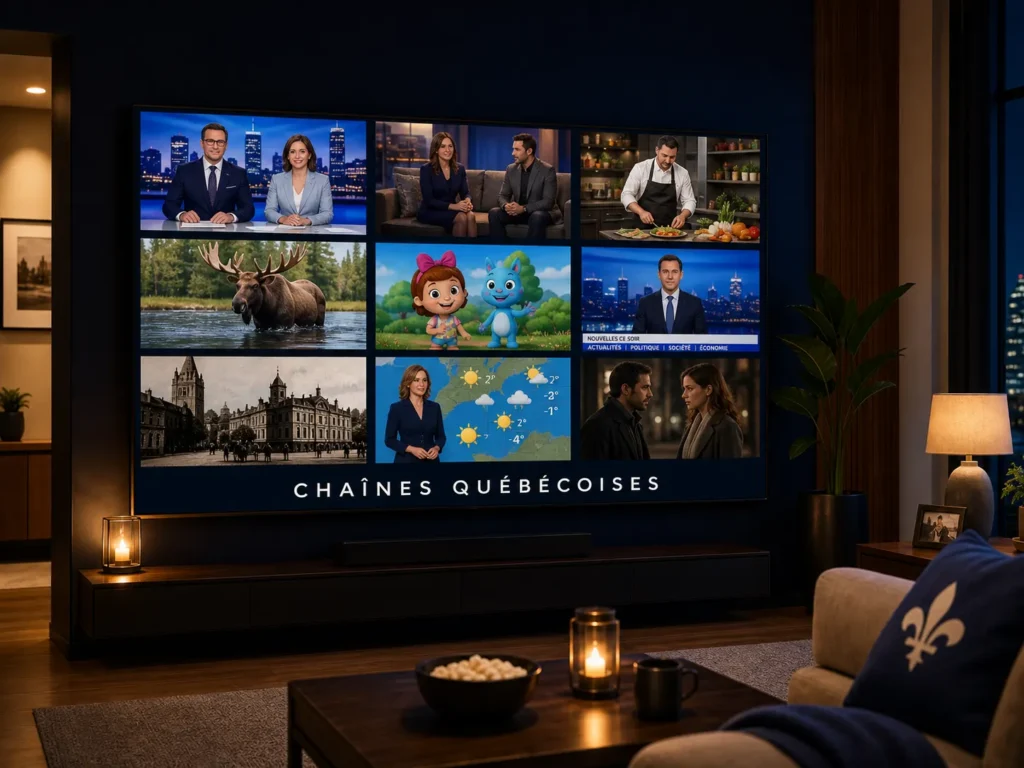 Smart TV diffusant les chaînes québécoises et francophones canadiennes essentielles d'un IPTV Canada : actualités, talk-show, cuisine, nature, jeunesse, météo et séries