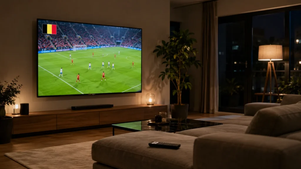Regarder l'IPTV Belgique en 4K dans un salon moderne avec match de football en direct