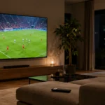 Regarder l'IPTV Belgique en 4K dans un salon moderne avec match de football en direct