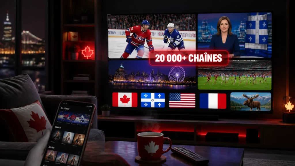 Salon canadien moderne avec TV 4K diffusant l'IPTV Canada Vrai TV : match de hockey NHL Canadien vs Maple Leafs, journal québécois, sports et 20 000 chaînes