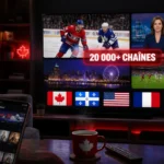 Salon canadien moderne avec TV 4K diffusant l'IPTV Canada Vrai TV : match de hockey NHL Canadien vs Maple Leafs, journal québécois, sports et 20 000 chaînes