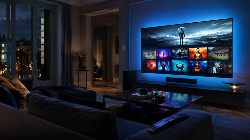 Salon moderne avec Smart TV 4K affichant une interface VOD IPTV Premium — films, séries et sport en direct avec éclairage ambiant bleu