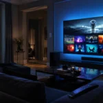 Salon moderne avec Smart TV 4K affichant une interface VOD IPTV Premium — films, séries et sport en direct avec éclairage ambiant bleu