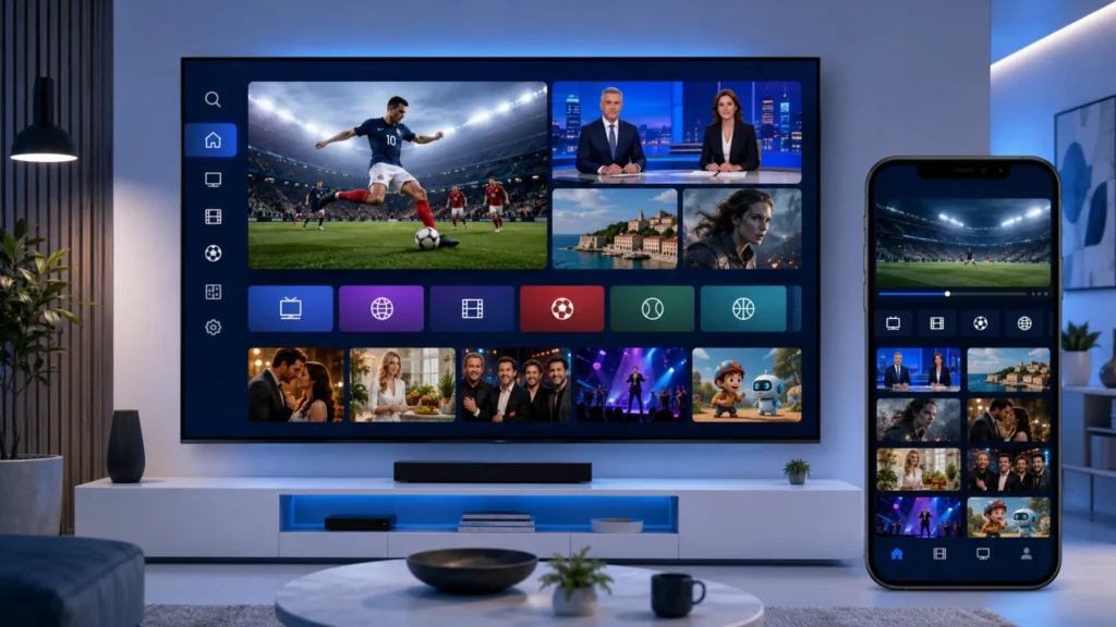 Interface d'un abonnement IPTV compatible Smarters Pro affichée sur Smart TV et smartphone, avec chaînes sport, films et séries en HD