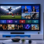 Interface d'un abonnement IPTV compatible Smarters Pro affichée sur Smart TV et smartphone, avec chaînes sport, films et séries en HD