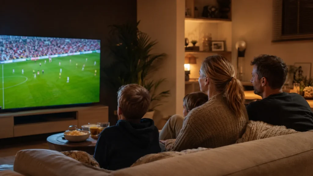 Famille belge regardant RTL-TVI et la Pro League en direct via IPTV Belgique