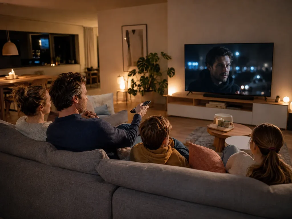 Famille flamande regardant les chaînes belges néerlandophones en IPTV sur Smart TV