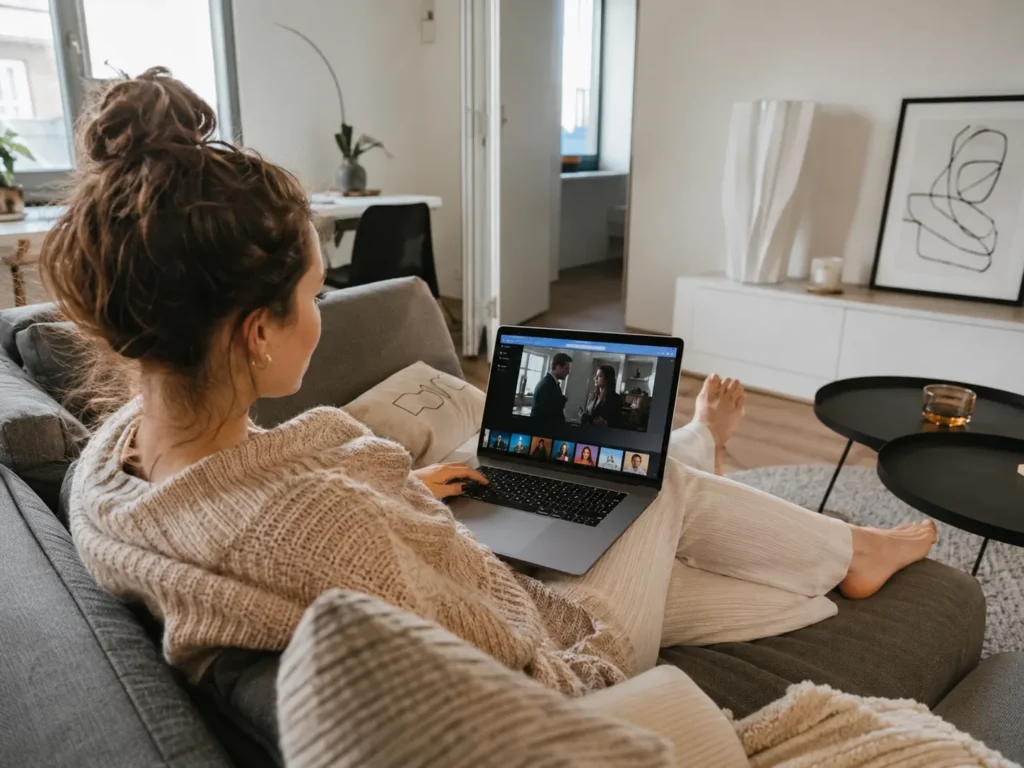 Femme belge regardant les chaînes françaises en IPTV Belgique sur laptop